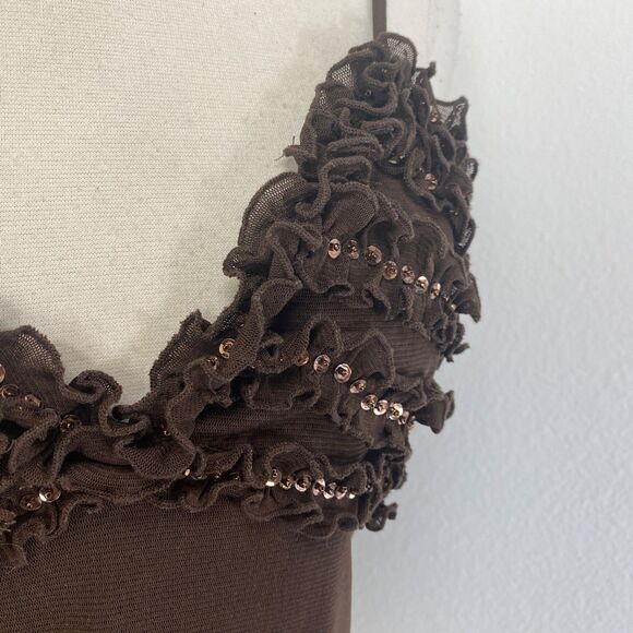 Y2K Wet Seal Brown Knit Baby Doll Tank Top Large Ruffles Sequins Boho Festival - Picture 4 of 10